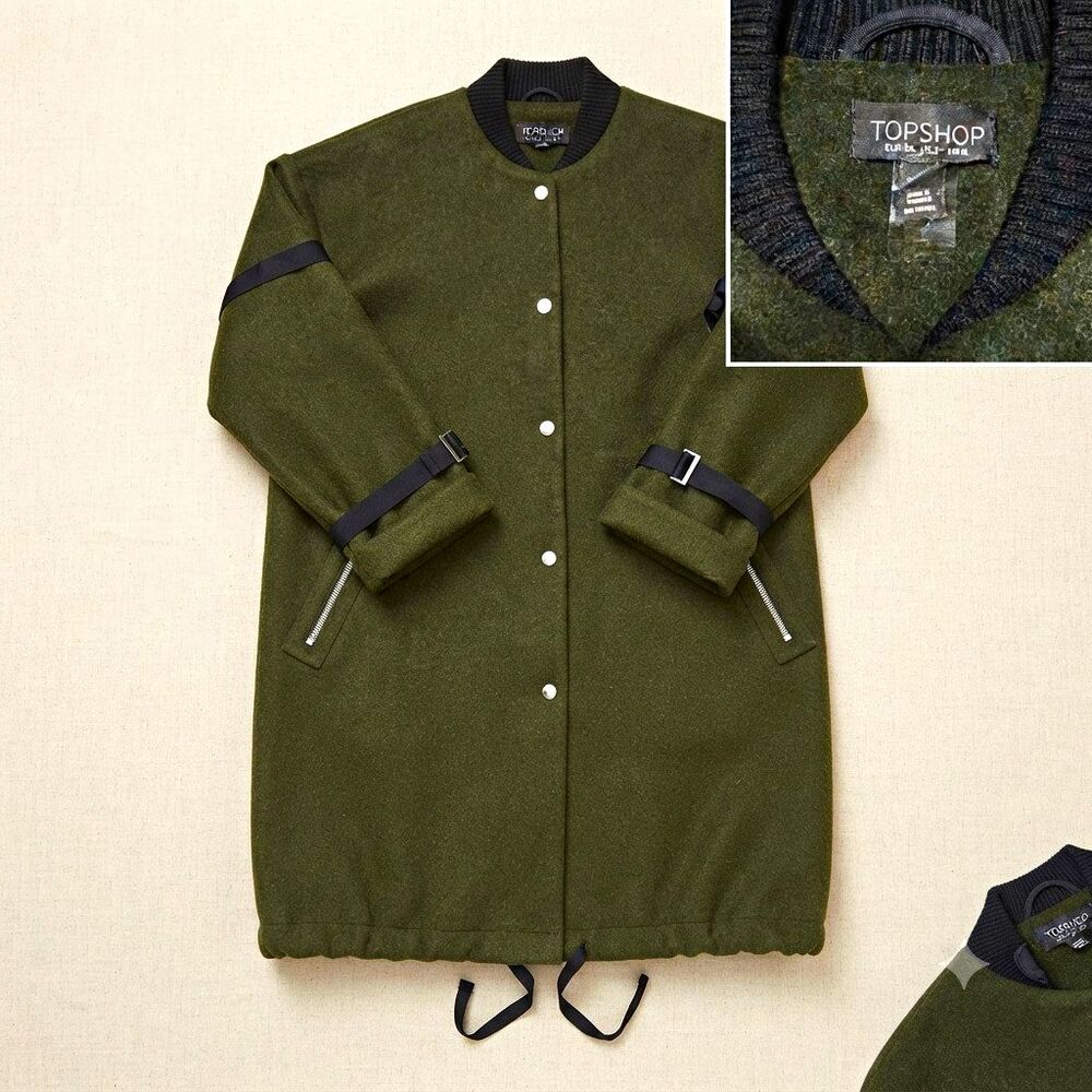 Topshop Polaris Varsity Jacket Green Snap Front Lined Zip Pockets Women Size 2